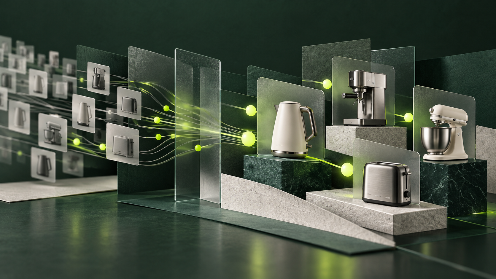 Editorial illustration of product-led Shopping traffic moving through controlled campaign lanes