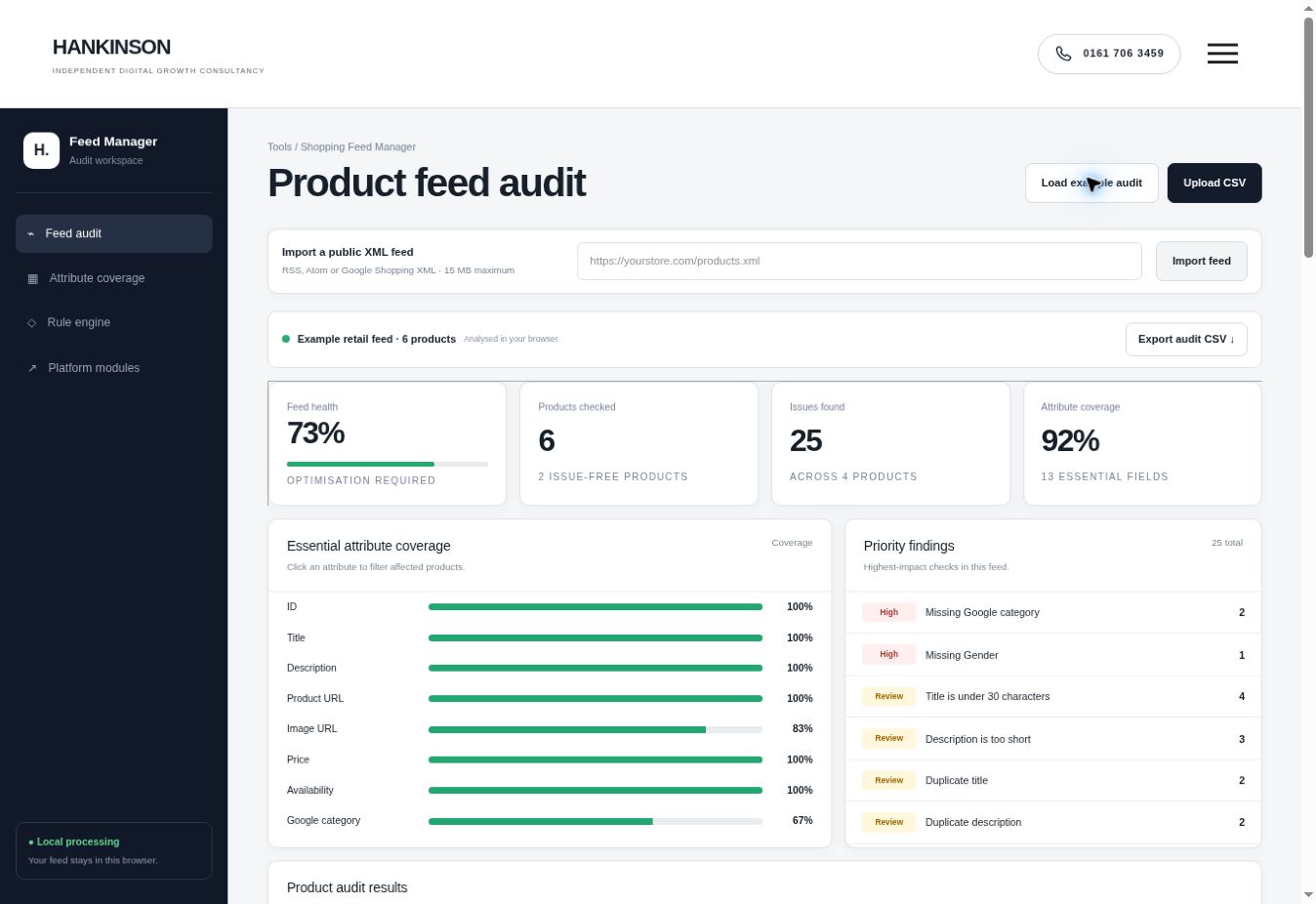 Example feed health dashboard showing scores and priority findings